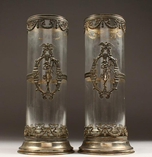 A GOOD PAIR OF TALL FRENCH GLASS CIRCULAR VASES with
