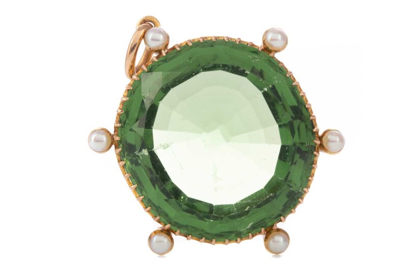 A GREEN GEM AND PEARL PENDANT