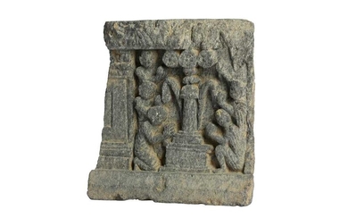 A GREY SCHIST RELIEF OF WORSHIPPERS AROUND A PILLAR Ancient region of Gandhara, 2nd - 3rd century