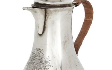 A George II silver hot water pot, London, 1758, Magdalen Feline, of plain baluster form with wicker handle and short spout, the hinged cover with acorn finial, engraved armorial to body, 21.7cm high, approx. weight 12.1oz Provenance: The estate of...
