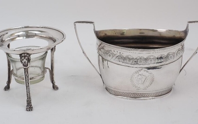 A George III silver sugar bowl, Newcastle, circa 1796, Thomas Watson, with twin handles and a band of bright cut foliate and laurel leaf decoration, monogramed F within laurel wreath, 12cm high, 21cm wide, together with a silver burner stand...