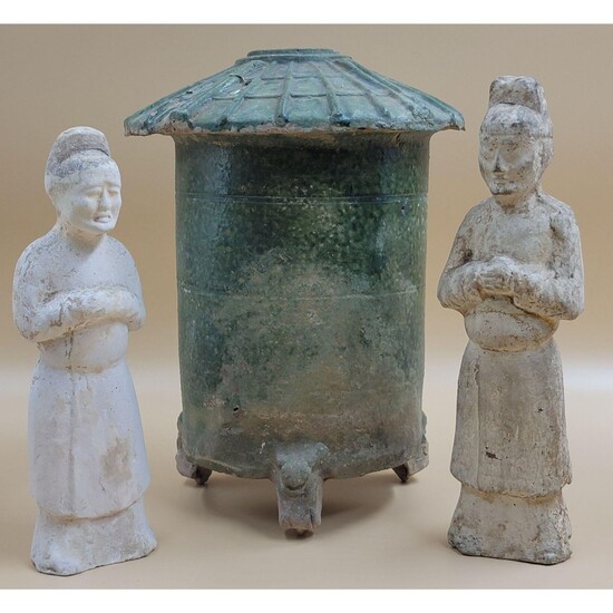 A Green-Glazed Granary Jar, Han Dynasty W/ 2 Figures