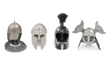 A Group of Four Steel Armor Helmets