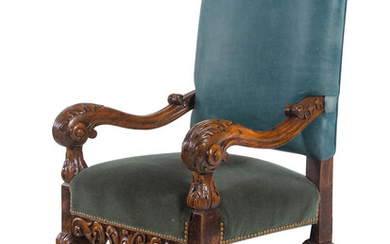 A Henri II Style Carved Walnut Armchair with Green Leather and Mohair Upholstery