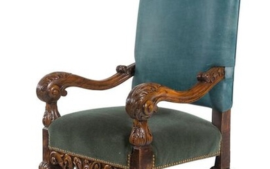 A Henri II Style Carved Walnut Armchair with Green