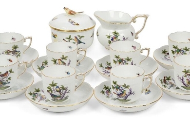 A Herend 'Rothschild Bird' ROM part coffee set, 20th century, comprising six coffee cups with ozier border and gilt scalloped rims, each 7cm diameter, with eight saucers each 14cm diameter, a milk jug, 9cm high, and a sugar bowl and cover with...