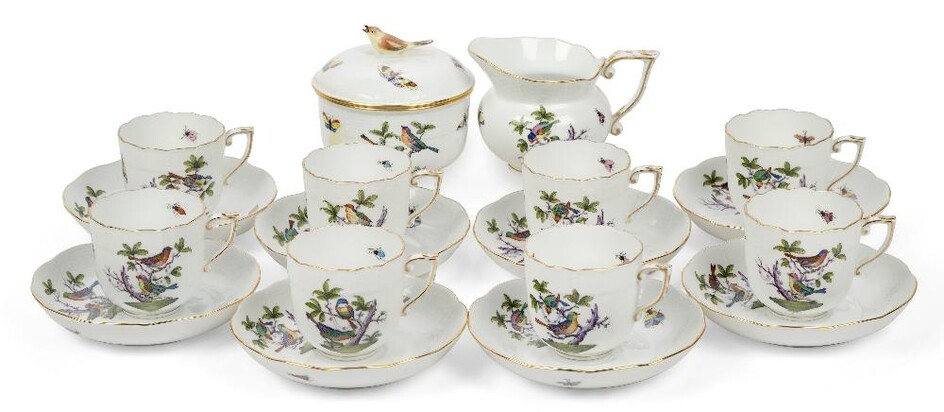 A Herend 'Rothschild Bird' ROM part coffee set, 20th century, comprising six coffee cups with ozier border and gilt scalloped rims, each 7cm diameter, with eight saucers each 14cm diameter, a milk jug, 9cm high, and a sugar bowl and cover with...