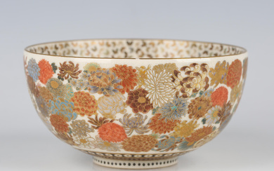 A Japanese Satsuma earthenware bowl by Yabu Meizan, Meiji period, of steep-sided circular form, the