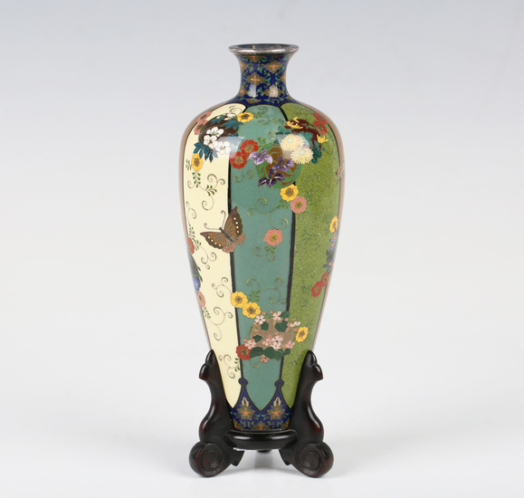 A Japanese cloisonné enamel vase by Namikawa Yasuyuki, Meiji period, of slender tapering form w