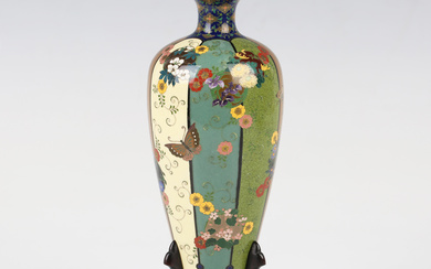 A Japanese cloisonné enamel vase by Namikawa Yasuyuki, Meiji period, of slender tapering form w