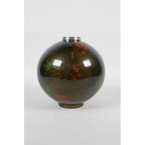 A Japanese enamelled metal globular vase with green and red ...