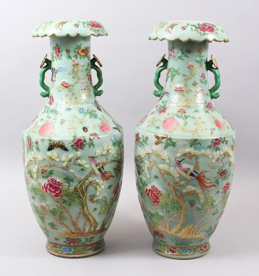 A LARGE PAIR OF 19TH CENTURY CHINESE CELADON CANTON