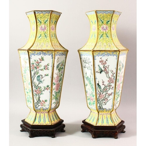 A LARGE PAIR OF CHINESE ENAMEL VASES & STANDS, the vases dec...