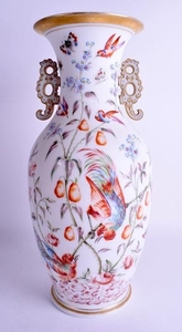 A LARGE VICTORIAN ENAMELLED OPALINE GLASS TWIN HANDLED