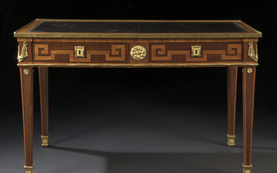 A LATE LOUIS XV ORMOLU-MOUNTED AMARANTH AND TULIPWOOD PARQUETRY BUREAU PLAT ATTRIBUTED TO PHILIPPE-CLAUDE MONTIGNY, CIRCA 1770