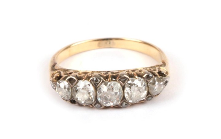 A Late 19th Century Diamond Five Stone Ring, the graduated...