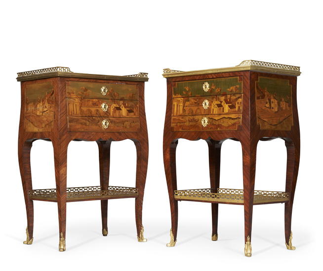 A MATCHED PAIR OF FRENCH ORMOLU-MOUNTED KINGWOOD, SYCAMORE AND MARQUETRY...