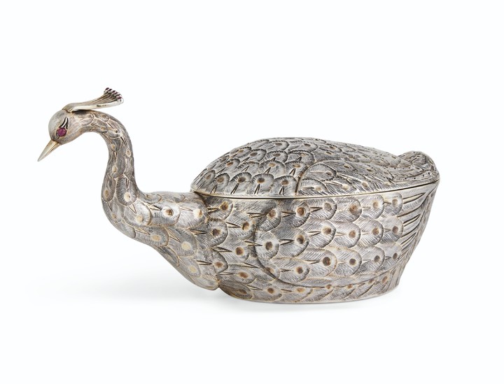 A MEXICAN PARCEL-GILT SILVER PHEASANT TUREEN AND COVER, TANE, MEXICO CITY, MID-20TH CENTURY
