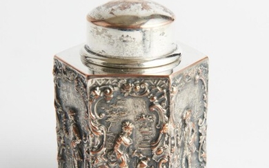 A MINIATURE 19TH CENTURY FRENCH SILVER ON COPPER HEXAGONAL TEA CADDY WITH RAISED SCENIC DETAIL - SIGNED TO BASE, H.8CM, LEONARD JOEL...