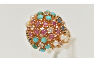 A MULTI GEM RING, of dome design claw set with circular sapp...