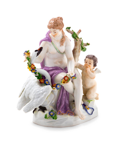 A Meissen Painted Porcelain Figural Group Depicting Leda and the Swan
