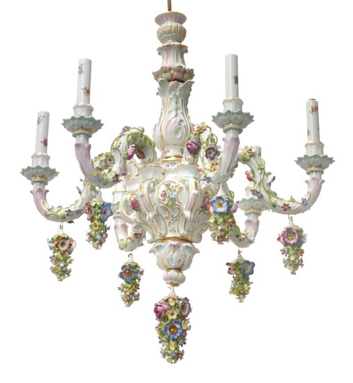 A Meissen Porcelain Six-Light Chandelier, circa 1866, with leaf sheathed baluster column and scroll
