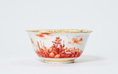 A Meissen porcelain slop bowl with a merchant navy scene in iron red