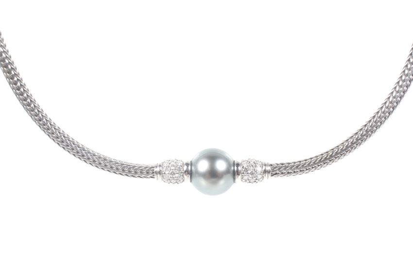 A Mikimoto 18ct white gold, grey cultured-pearl and diamond necklace.