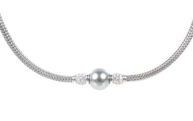 A Mikimoto 18ct white gold, grey cultured-pearl and diamond necklace.