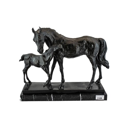 A Modern Bronze Figure Group Horse and Foal, raised on a mar...
