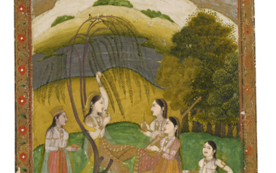 A PAINTING OF LADIES IN A LANDSCAPE INDIA, PROVINCIAL MUGHAL, FARRUKHABAD, CIRCA 1750