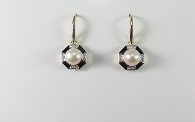 A PAIR OF ART DECO STYLE PEARL, ONYX AND DIAMOND OCTAGONAL DROP EARRINGS