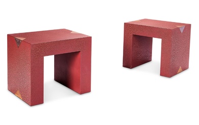 A PAIR OF CRIMSON 'CRACKLE' LACQUERED AND BRASS SIDE OR OCCASIONAL TABLES, BY KEN BOLAN
