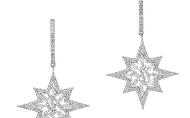 A PAIR OF DIAMOND STAR DROP EARRINGS each designed as a hoop set with a row of round cut diamonds
