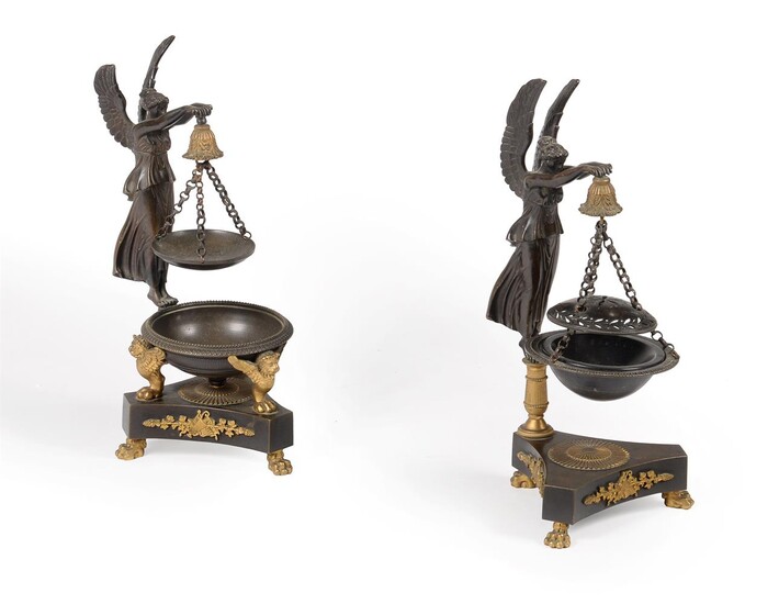 A PAIR OF FRENCH BRONZE AND ORMOLU PARFUMIERS OR 'BRUL PARFUM', IN RESTAURATION STYLE, 19TH CENTURY