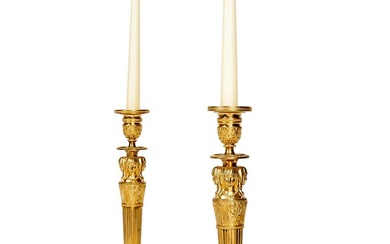 A PAIR OF FRENCH GILT AND PATINATED BRONZE CANDLESTICKS AFTER GALLE AND PERCIER, MID 19TH CENTURY