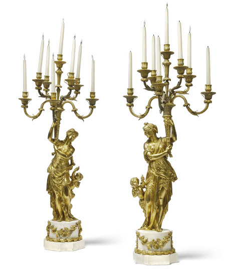 A PAIR OF FRENCH ORMOLU AND WHITE MARBLE EIGHT-LIGHT FIGURAL CANDLEABRA, LATE 19TH CENTURY, OF LOUIS XVI STYLE
