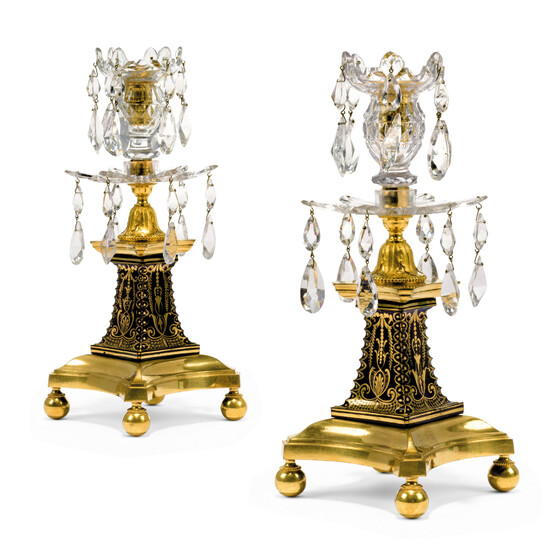 A PAIR OF GEORGE III ORMOLU-MOUNTED CLEAR AND BLUE GLASS CANDLESTICKS