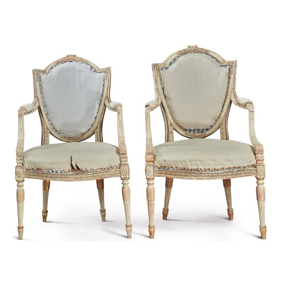 A PAIR OF GEORGE III POLYCHROME AND PARCEL GILT ARMCHAIRS, CIRCA 1775