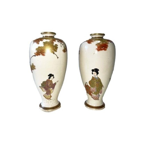 A PAIR OF JAPANESE MAPLE PATTERN SATSUMA VASES WITH GEISHA L...