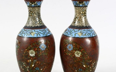 A PAIR OF JAPANESE MEIJI PERIOD CLOISIONNE VASES, both