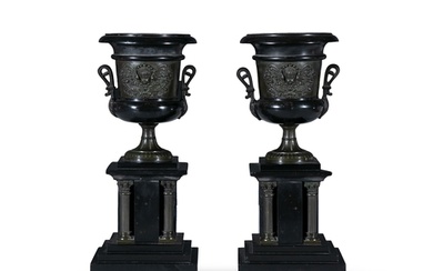 A PAIR OF LATE VICTORIAN BRONZED BLACK MARBLE URNS OF CLASSI...
