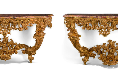 A PAIR OF LOUIS XV GILTWOOD CONSOLE TABLES
