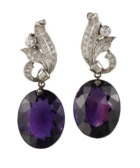 A PAIR OF MID 20TH CENTURY AMETHYST AND DIAMOND DROP