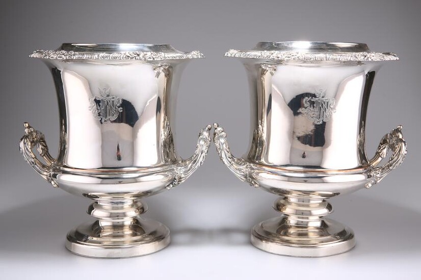 A PAIR OF OLD SHEFFIELD PLATE WINE COOLERS, CIRCA