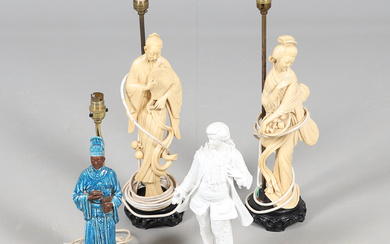 A PAIR OF ORIENTAL TABLE LAMPS, A GLAZED POTTERY TABLE LAMP, AND A FIGURE OF A GENTLEMAN.