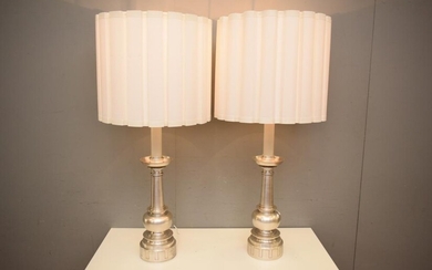 A PAIR OF SUBSTANTIAL SOLID PEWTER TABLE LAMPS WITH SILK SHADES (117H x 52D CM) (LEONARD JOEL DELIVERY SIZE: LARGE)