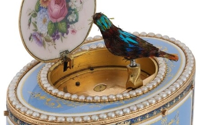 A PEARL, GOLD AND ENAMEL SINGING BIRD BOX, JAQUET-DROZ & LESCHOT, GENEVA, CIRCA 1792-1793, THE CASE GUIDON, RÉMOND, GIDE & CO., GENEVA