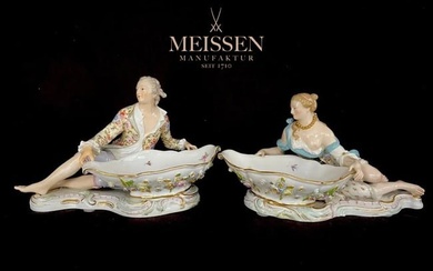 A Pair Of Large 19th C. German Meissen Figural Candy Dishes, Hallmarked
