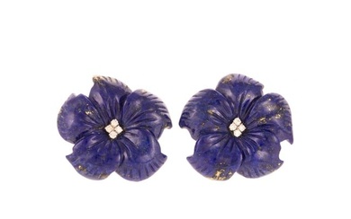 A Pair of Carved Lapis Flower Earrings in 14K